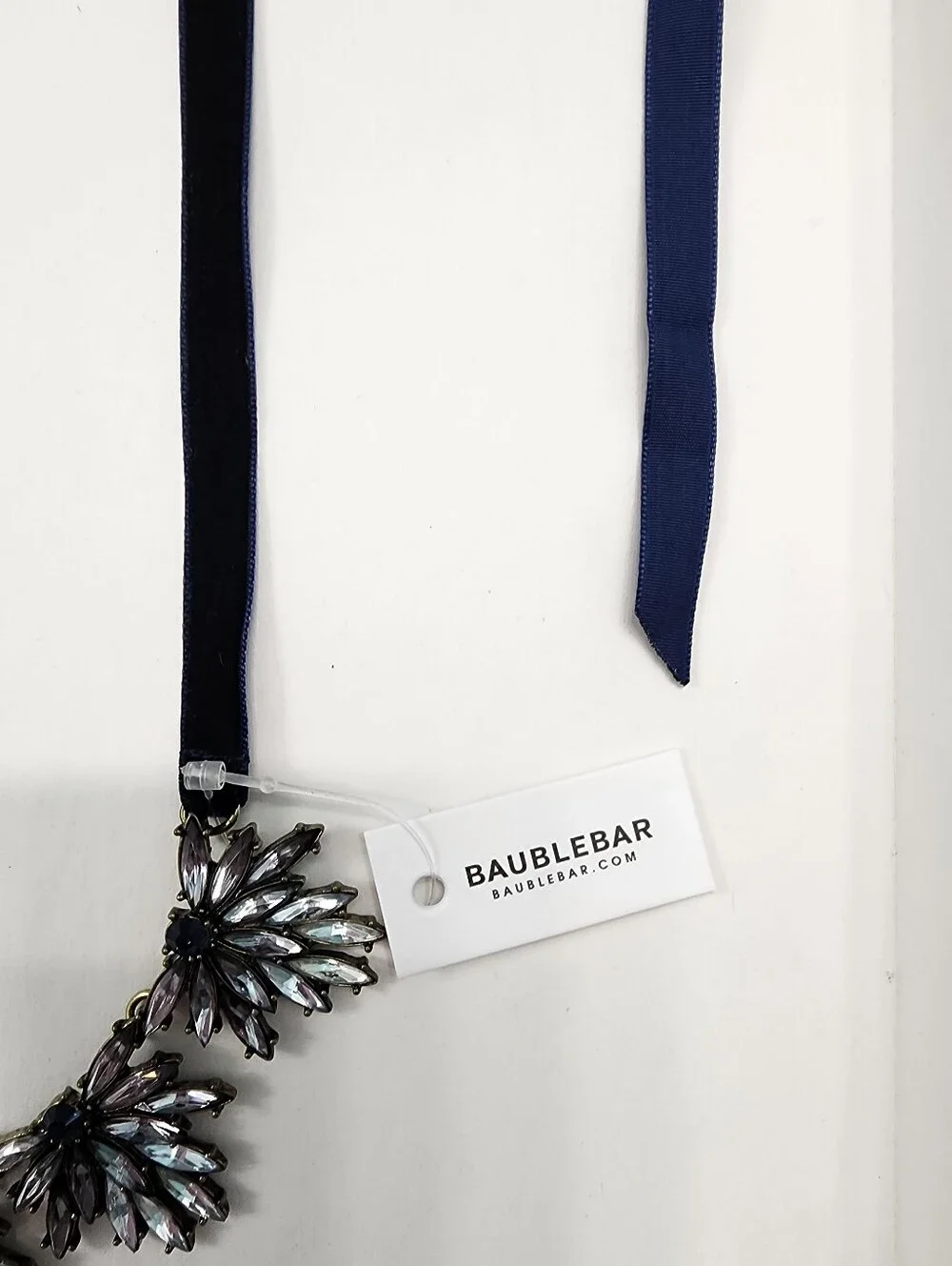 NEW! BaubleBar Smoky-Grey and Deep Navy Blue Crystal Ribbon Necklace - Picture 3 of 5